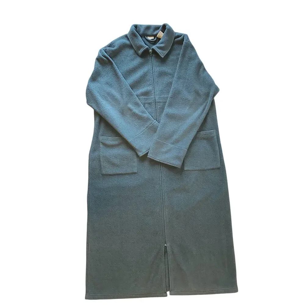 LL Bean Women Size XL Cozy Fleece Robe Full Zip Longline Casual Green House Coat